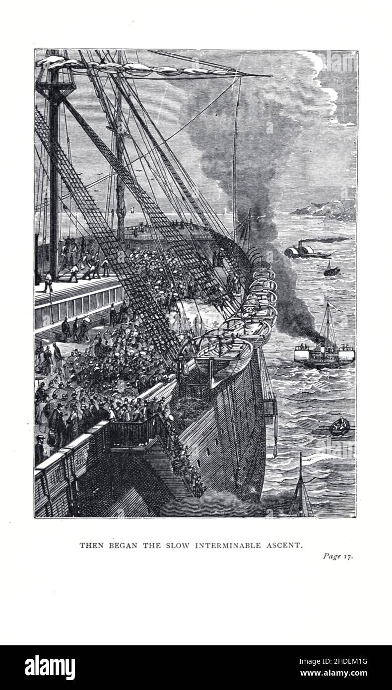 Poi ha iniziato la lenta ascesa interminabile di Jules Ferat da Una città galleggiante, o a volte tradotto la città galleggiante, (francese: Une ville flottante) è un romanzo di avventura dello scrittore francese Jules Verne pubblicato per la prima volta nel 1871 in Francia. Al momento della sua pubblicazione, il romanzo godeva di un livello di popolarità simile a quello di tutto il mondo in ottanta giorni. La prima edizione britannica e statunitense del romanzo è apparsa nel 1874. Jules Férat ha fornito le illustrazioni originali per il romanzo. Racconta di una donna che, a bordo della nave Great Eastern con il marito abusivo, scopre che l'uomo che ama è anche sul bo Foto Stock