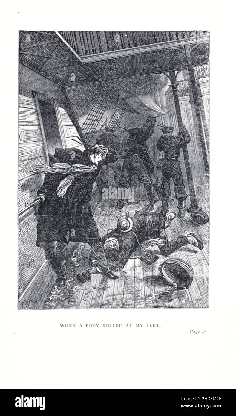Quando un corpo rotolato ai miei piedi illustrato da Jules Ferat da Una città galleggiante, o a volte tradotto la città galleggiante, (in francese: Une ville flottante) è un romanzo di avventura dello scrittore francese Jules Verne pubblicato per la prima volta nel 1871 in Francia. Al momento della sua pubblicazione, il romanzo godeva di un livello di popolarità simile a quello di tutto il mondo in ottanta giorni. La prima edizione britannica e statunitense del romanzo è apparsa nel 1874. Jules Férat ha fornito le illustrazioni originali per il romanzo. Racconta di una donna che, a bordo della nave Great Eastern con il suo marito abusivo, scopre che l'uomo che ama è anche su Foto Stock
