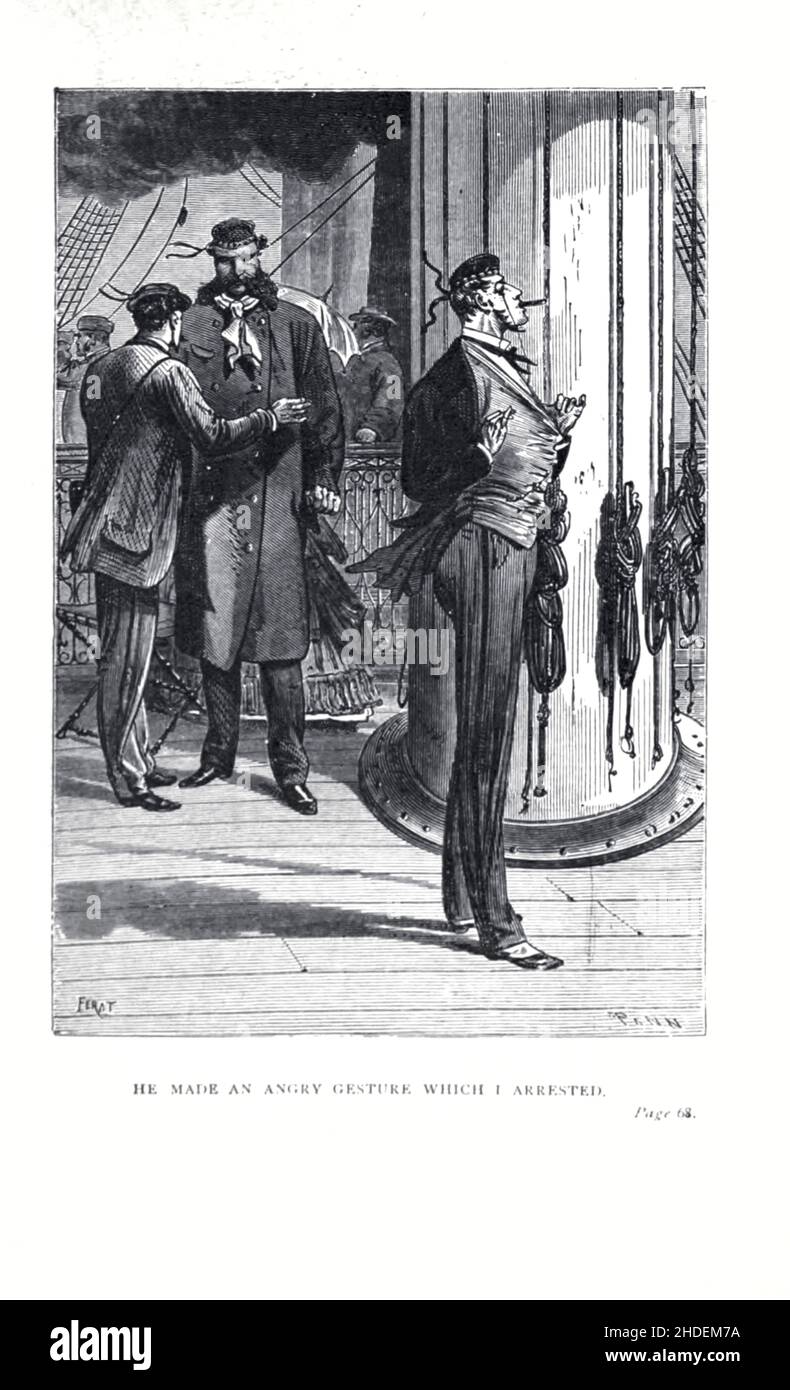Fece un gesto arrabbiato, che arrestai illustrato da Jules Ferat da Una città galleggiante, o a volte tradotto la città galleggiante, (in francese: Une ville flottante) è un romanzo di avventura dello scrittore francese Jules Verne pubblicato per la prima volta nel 1871 in Francia. Al momento della sua pubblicazione, il romanzo godeva di un livello di popolarità simile a quello di tutto il mondo in ottanta giorni. La prima edizione britannica e statunitense del romanzo è apparsa nel 1874. Jules Férat ha fornito le illustrazioni originali per il romanzo. Racconta di una donna che, a bordo della nave Great Eastern con il suo marito abusivo, scopre che l'uomo che ama Foto Stock