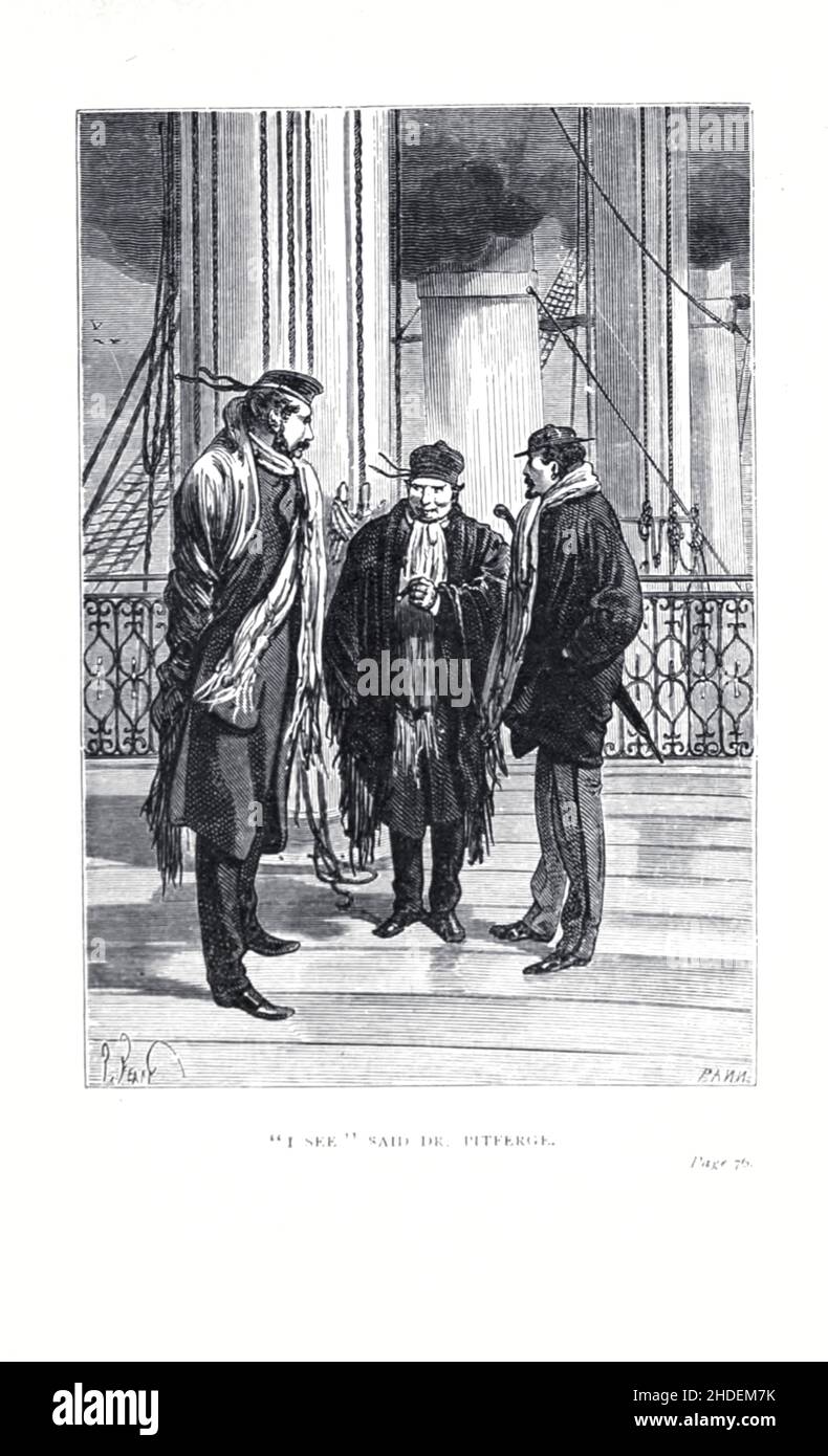 Vedo, ha detto il Dott. Pitferge illustrato da Jules Ferat da Una città galleggiante, o a volte tradotto la città galleggiante, (in francese: Une ville flottante) è un romanzo di avventura da Jules Verne scrittore francese pubblicato per la prima volta nel 1871 in Francia. Al momento della sua pubblicazione, il romanzo godeva di un livello di popolarità simile a quello di tutto il mondo in ottanta giorni. La prima edizione britannica e statunitense del romanzo è apparsa nel 1874. Jules Férat ha fornito le illustrazioni originali per il romanzo. Racconta di una donna che, a bordo della nave Great Eastern con il marito abusivo, scopre che anche l'uomo che ama è a bordo Foto Stock