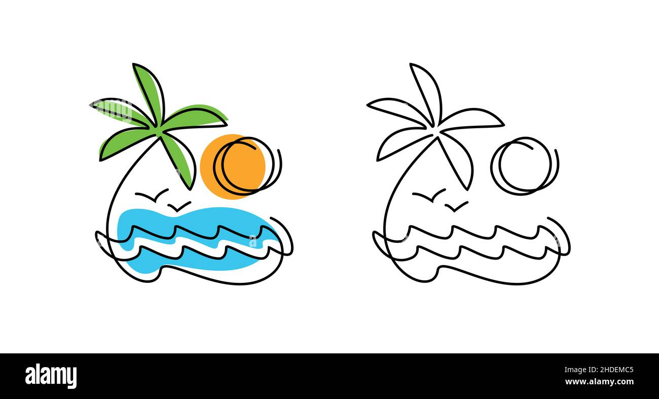 Spiaggia, logo del resort. Sole estivo con palme da mare icona o simbolo Illustrazione Vettoriale