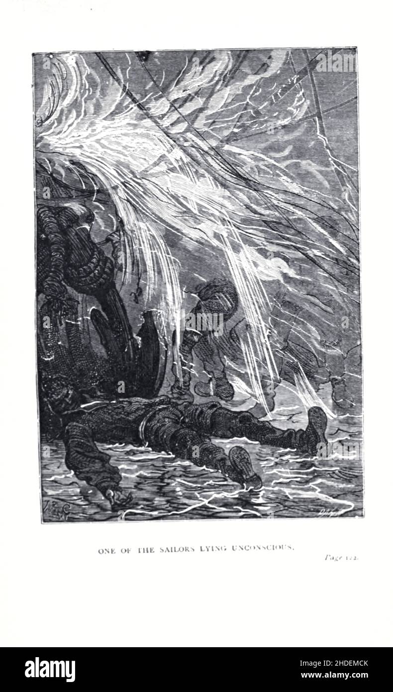 Uno dei marinai che mentiscono inconscio illustrato da Jules Ferat da Una città galleggiante, o a volte tradotto la città galleggiante, (in francese: Une ville flottante) è un romanzo di avventura dello scrittore francese Jules Verne pubblicato per la prima volta nel 1871 in Francia. Al momento della sua pubblicazione, il romanzo godeva di un livello di popolarità simile a quello di tutto il mondo in ottanta giorni. La prima edizione britannica e statunitense del romanzo è apparsa nel 1874. Jules Férat ha fornito le illustrazioni originali per il romanzo. Racconta di una donna che, a bordo della nave Great Eastern con il suo marito abusivo, scopre che l'uomo che ama è un Foto Stock
