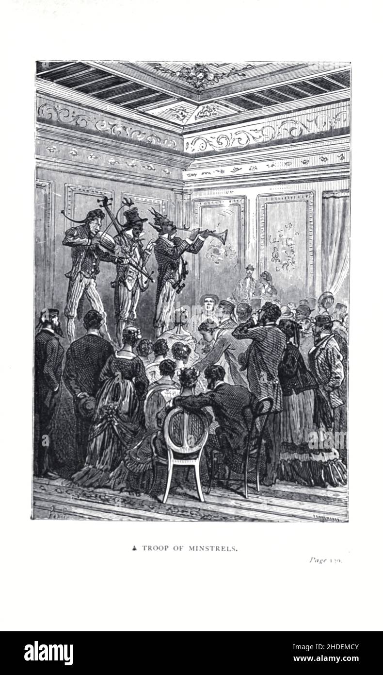 Una truppa di Minstrels illustrata da Jules Ferat da Una città galleggiante, o a volte tradotto la città galleggiante, (francese: Une ville flottante) è un romanzo di avventura dello scrittore francese Jules Verne pubblicato per la prima volta nel 1871 in Francia. Al momento della sua pubblicazione, il romanzo godeva di un livello di popolarità simile a quello di tutto il mondo in ottanta giorni. La prima edizione britannica e statunitense del romanzo è apparsa nel 1874. Jules Férat ha fornito le illustrazioni originali per il romanzo. Racconta di una donna che, a bordo della nave Great Eastern con il marito abusivo, scopre che anche l'uomo che ama è a bordo. Ne Foto Stock