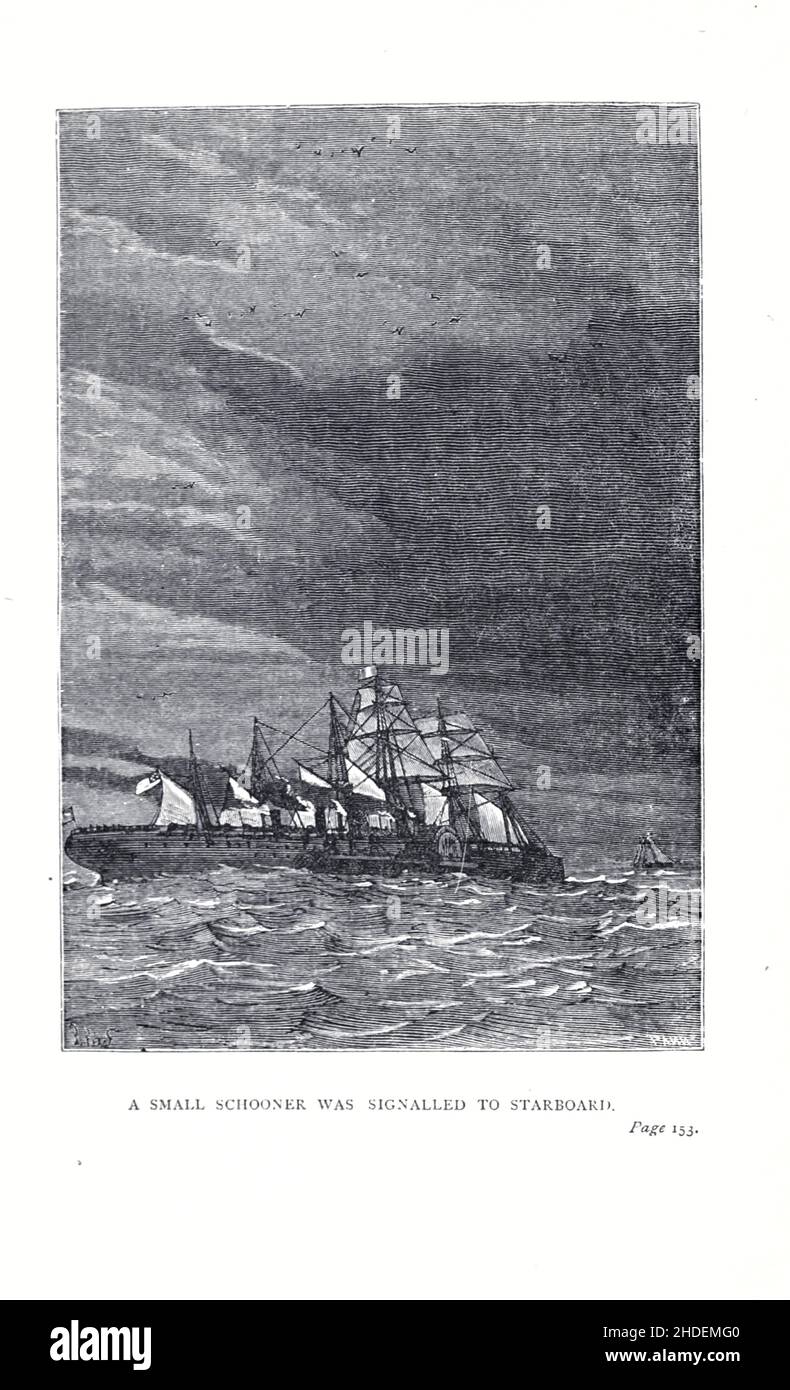 Una piccola goletta è stata segnalata a tribordo illustrato da Jules Ferat da Una città galleggiante, o a volte tradotto la città galleggiante, (in francese: Une ville flottante) è un romanzo di avventura dello scrittore francese Jules Verne pubblicato per la prima volta nel 1871 in Francia. Al momento della sua pubblicazione, il romanzo godeva di un livello di popolarità simile a quello di tutto il mondo in ottanta giorni. La prima edizione britannica e statunitense del romanzo è apparsa nel 1874. Jules Férat ha fornito le illustrazioni originali per il romanzo. Racconta di una donna che, a bordo della nave Great Eastern con il marito abusivo, scopre che l'uomo che lov Foto Stock