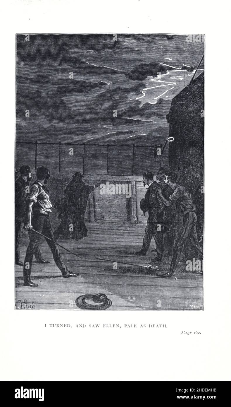 Ho girato, e visto Ellen, pallido come la morte illustrata da Jules Ferat da Una città galleggiante, o a volte tradotto la città galleggiante, (in francese: Une ville flottante) è un romanzo di avventura dello scrittore francese Jules Verne pubblicato per la prima volta nel 1871 in Francia. Al momento della sua pubblicazione, il romanzo godeva di un livello di popolarità simile a quello di tutto il mondo in ottanta giorni. La prima edizione britannica e statunitense del romanzo è apparsa nel 1874. Jules Férat ha fornito le illustrazioni originali per il romanzo. Racconta di una donna che, a bordo della nave Great Eastern con il suo marito abusivo, scopre che l'uomo che ama è Foto Stock