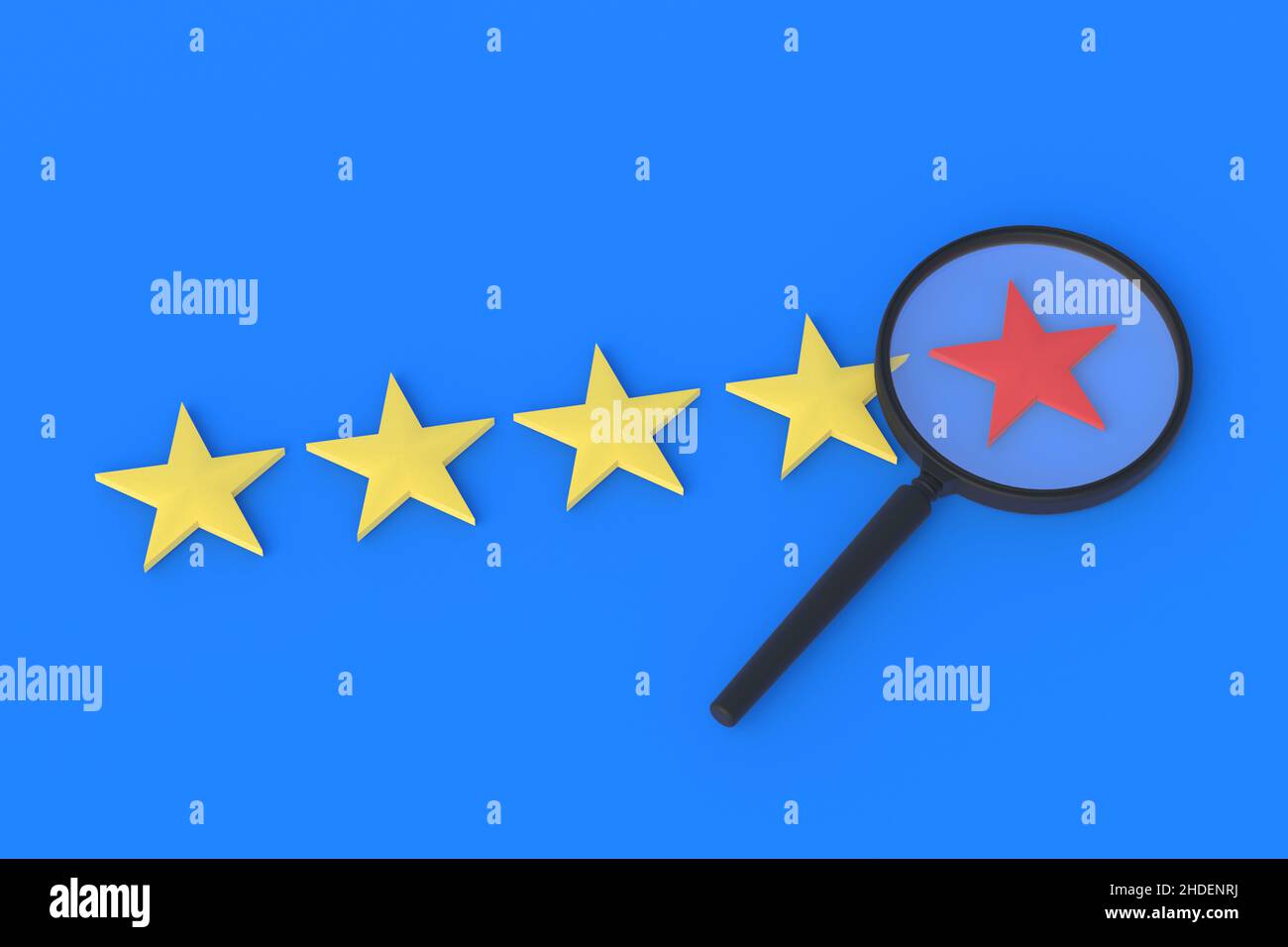 Stelle di valutazione e lente d'ingrandimento. Cerca un hotel, un ristorante di bassa categoria. Ricerca sulla qualità dell'alcol. Feedback su un'app, un filmato, Foto Stock