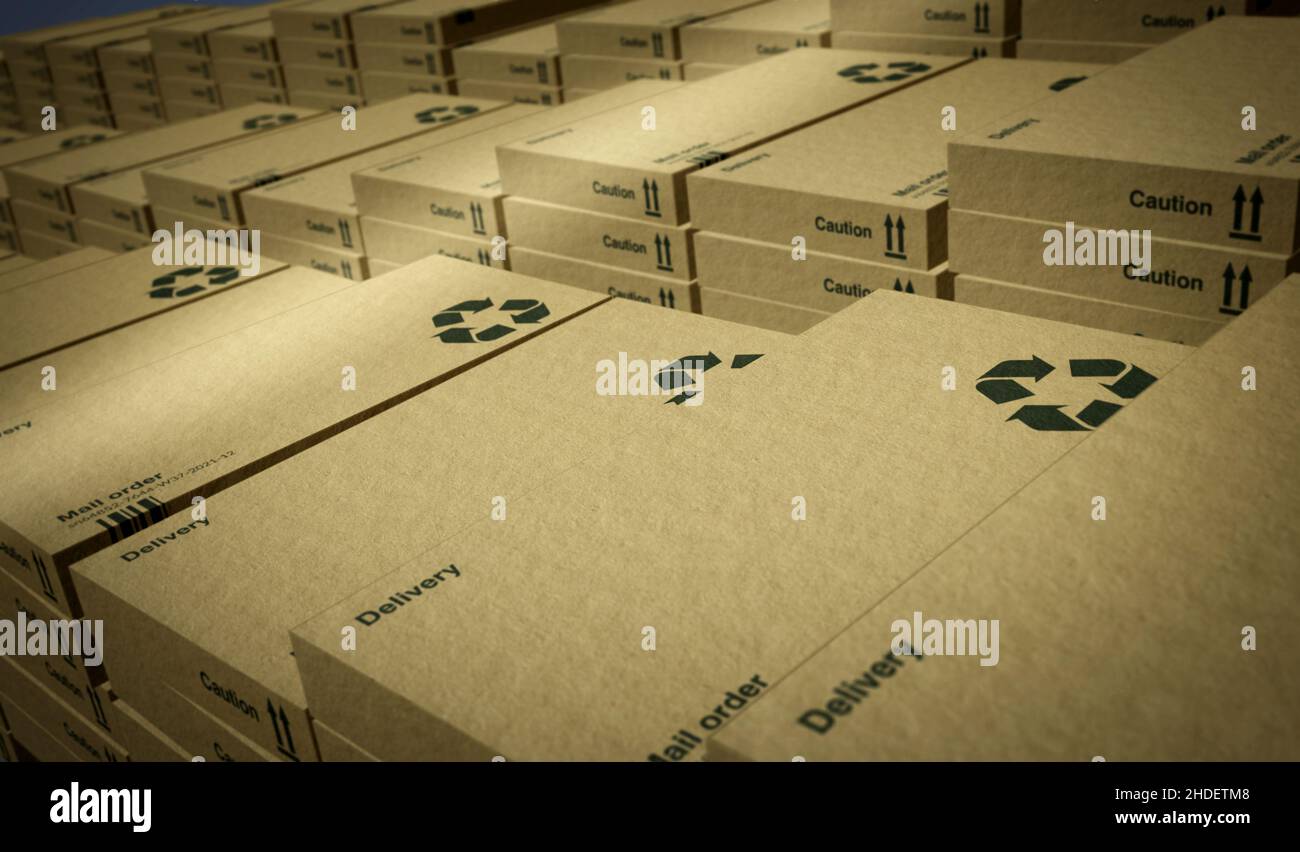 Linea di produzione e produzione di scatole di riciclaggio per la consegna. Fabbrica del prodotto ed esportazione. Concetto astratto 3D illustrazione del rendering. Foto Stock
