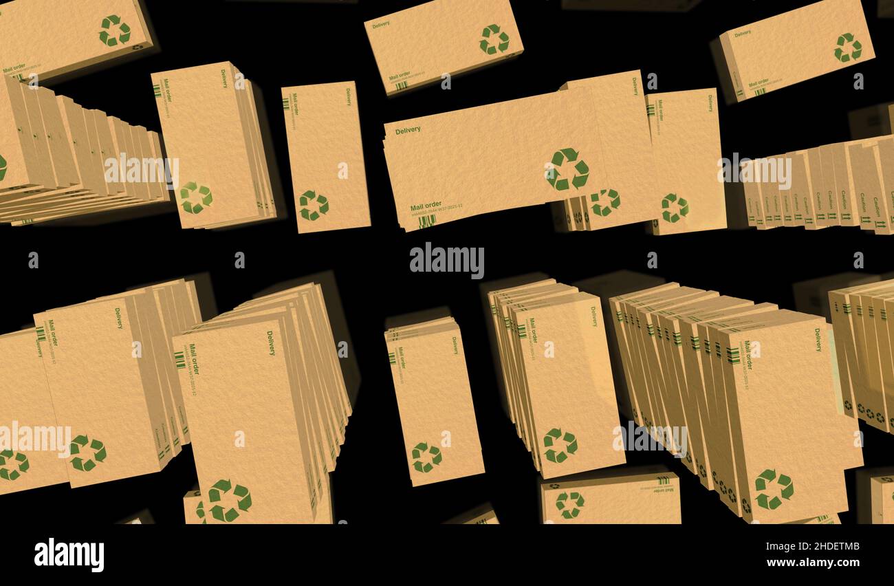 Linea di produzione e produzione di scatole di riciclaggio per la consegna. Fabbrica del prodotto ed esportazione. Concetto astratto 3D illustrazione del rendering. Foto Stock