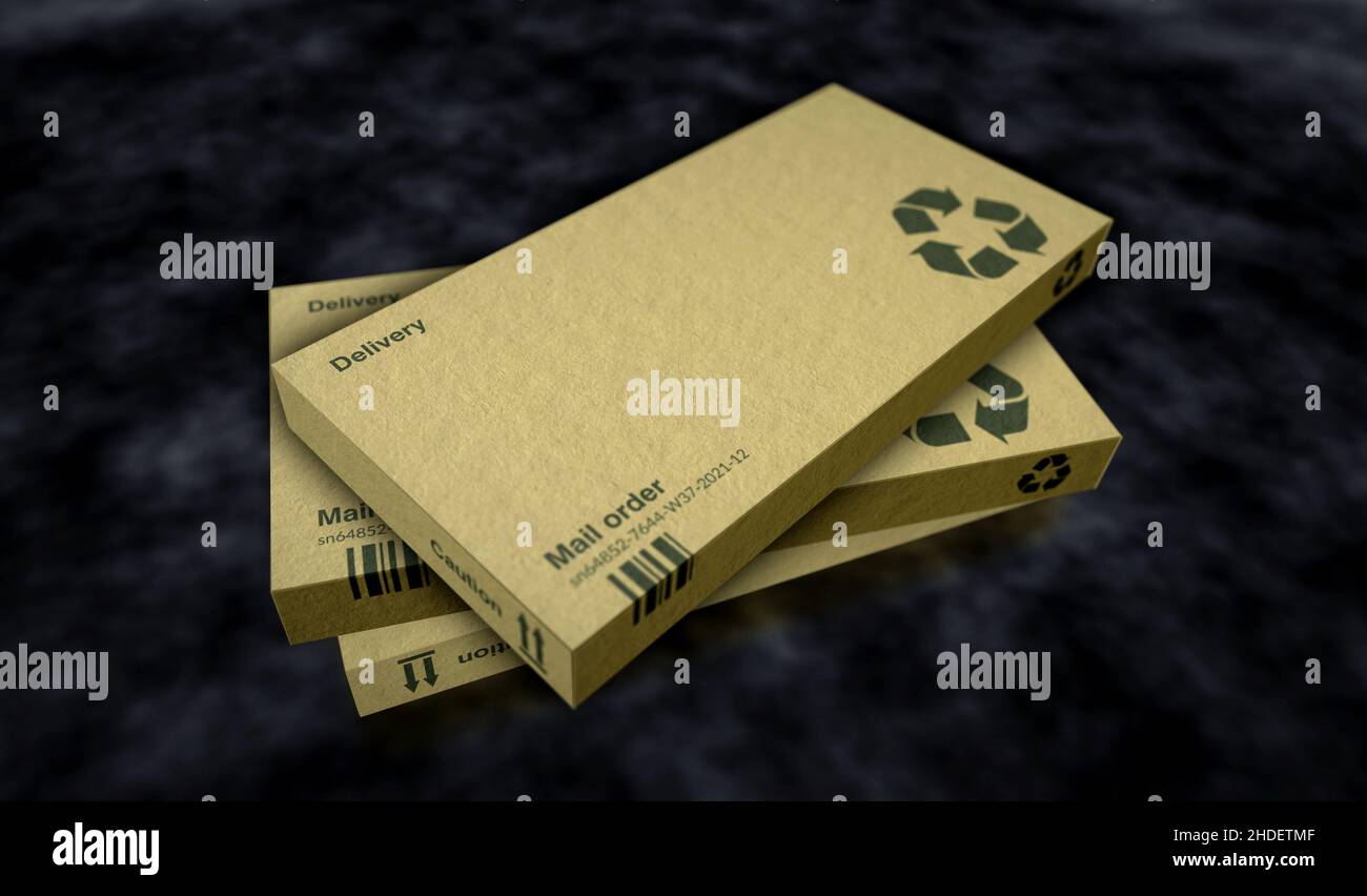 Linea di produzione e produzione di scatole di riciclaggio per la consegna. Fabbrica del prodotto ed esportazione. Concetto astratto 3D illustrazione del rendering. Foto Stock