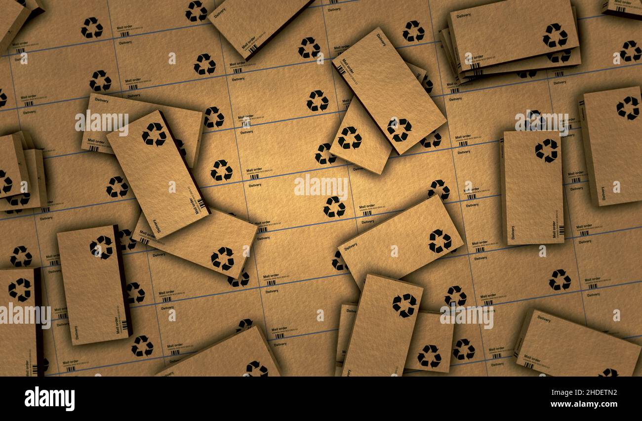 Linea di produzione e produzione di scatole di riciclaggio per la consegna. Fabbrica del prodotto ed esportazione. Concetto astratto 3D illustrazione del rendering. Foto Stock