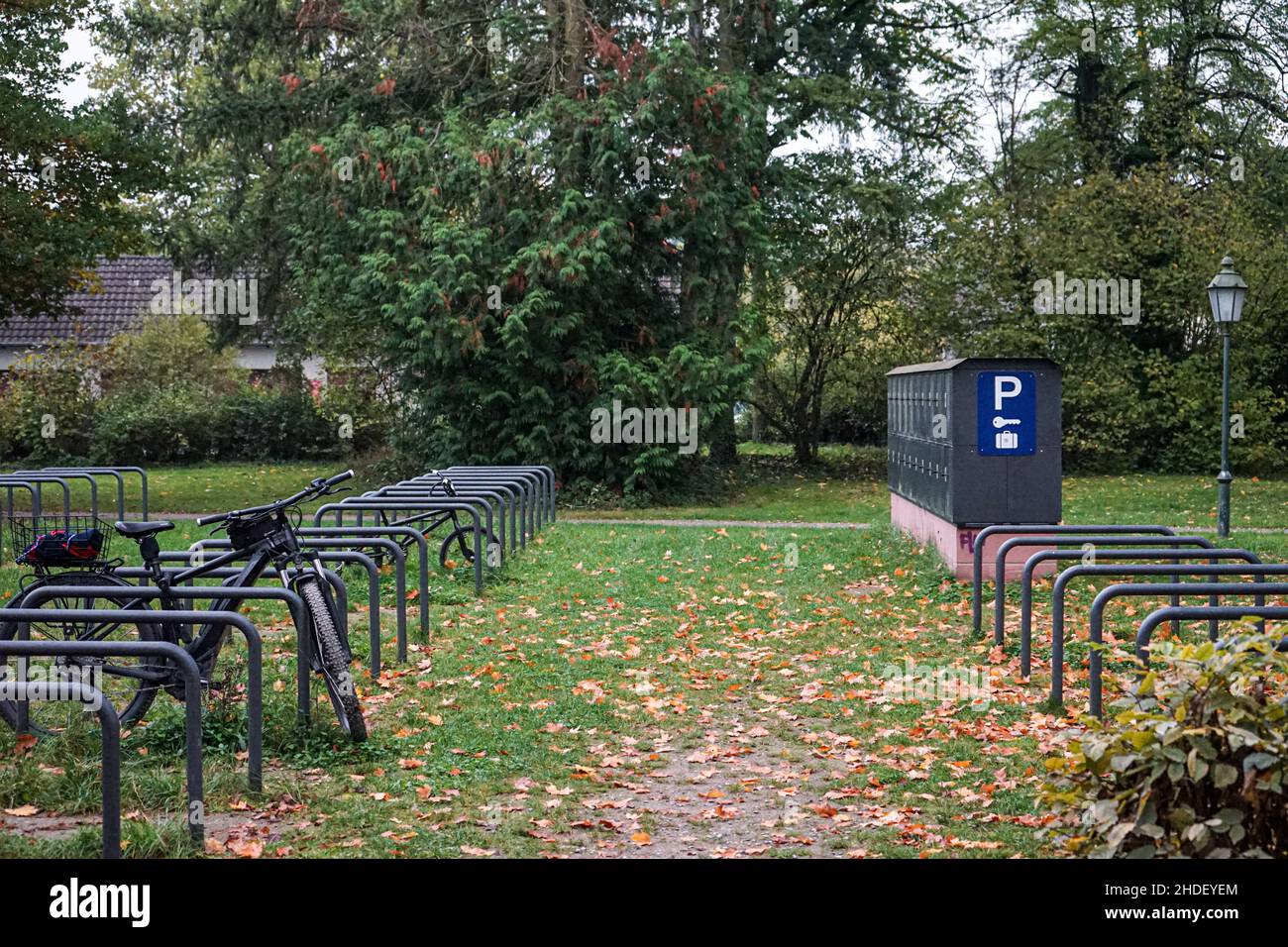 Portabiciclette in un parcheggio per biciclette in un parco con armadietti per i visitatori. Foto Stock