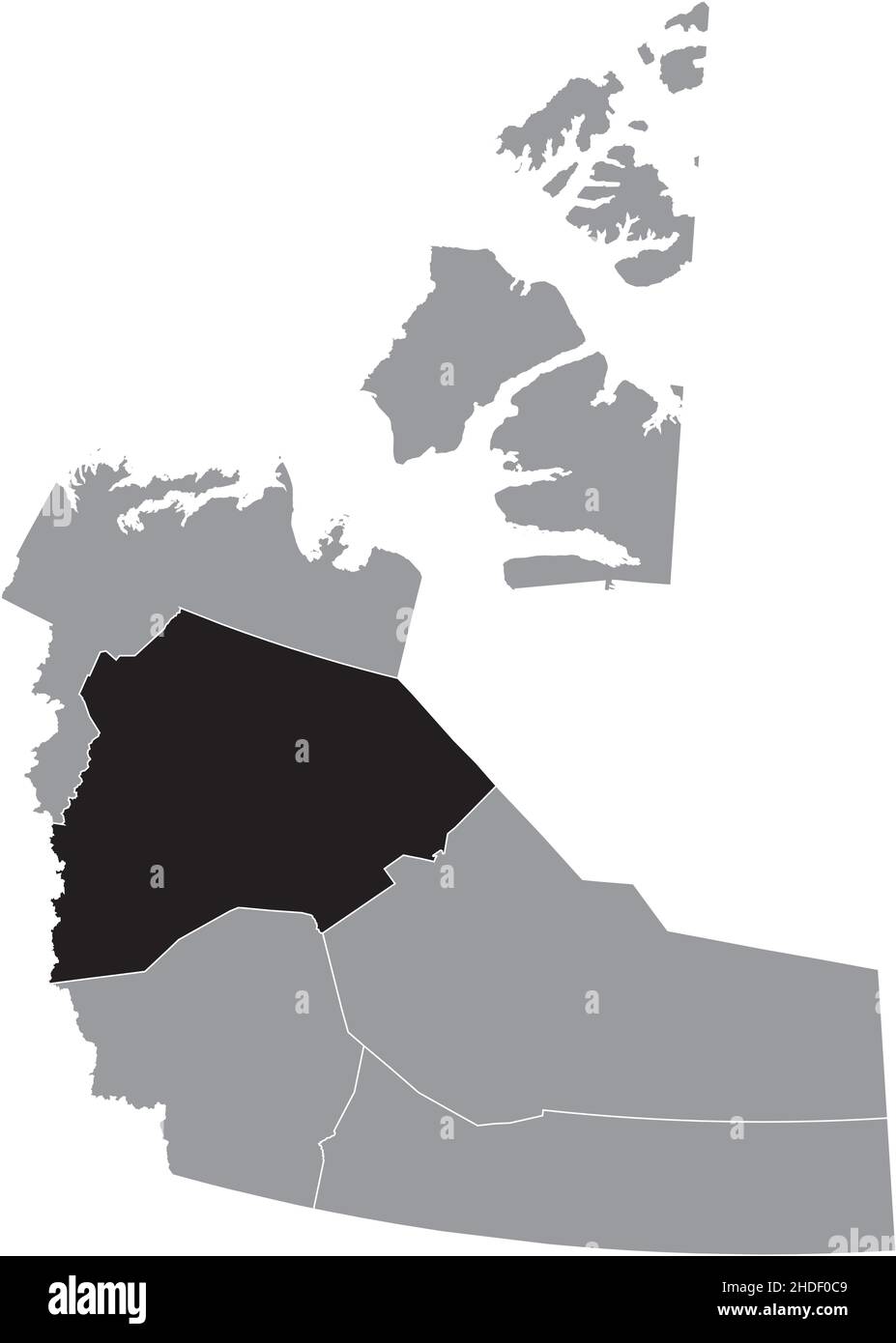 Nero piatto vuoto evidenziato mappa posizione della REGIONE SAHTU Regione all'interno grigio mappa amministrativa del territorio canadese dei territori del nord-ovest Illustrazione Vettoriale