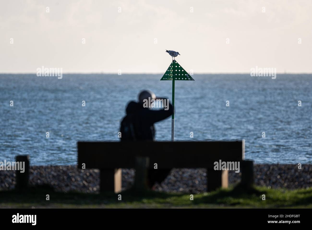 Guardando verso il mare. Silhouette di un uomo sulla spiaggia a Hayling Island, Hampshire, Regno Unito Foto Stock
