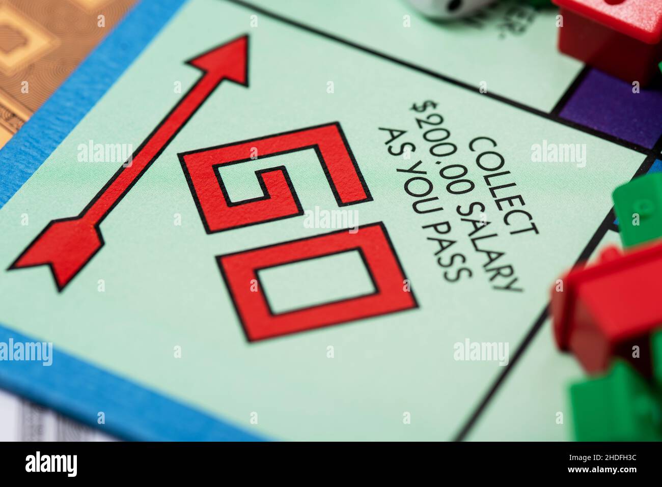 Primo piano del gioco da tavolo Monopoly. Foto Stock