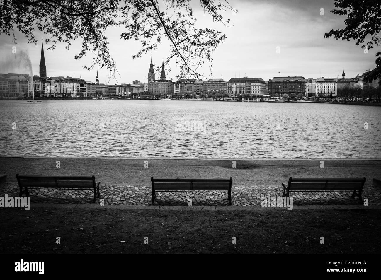 Foto in scala di grigi della città con un lago in primo piano Foto Stock