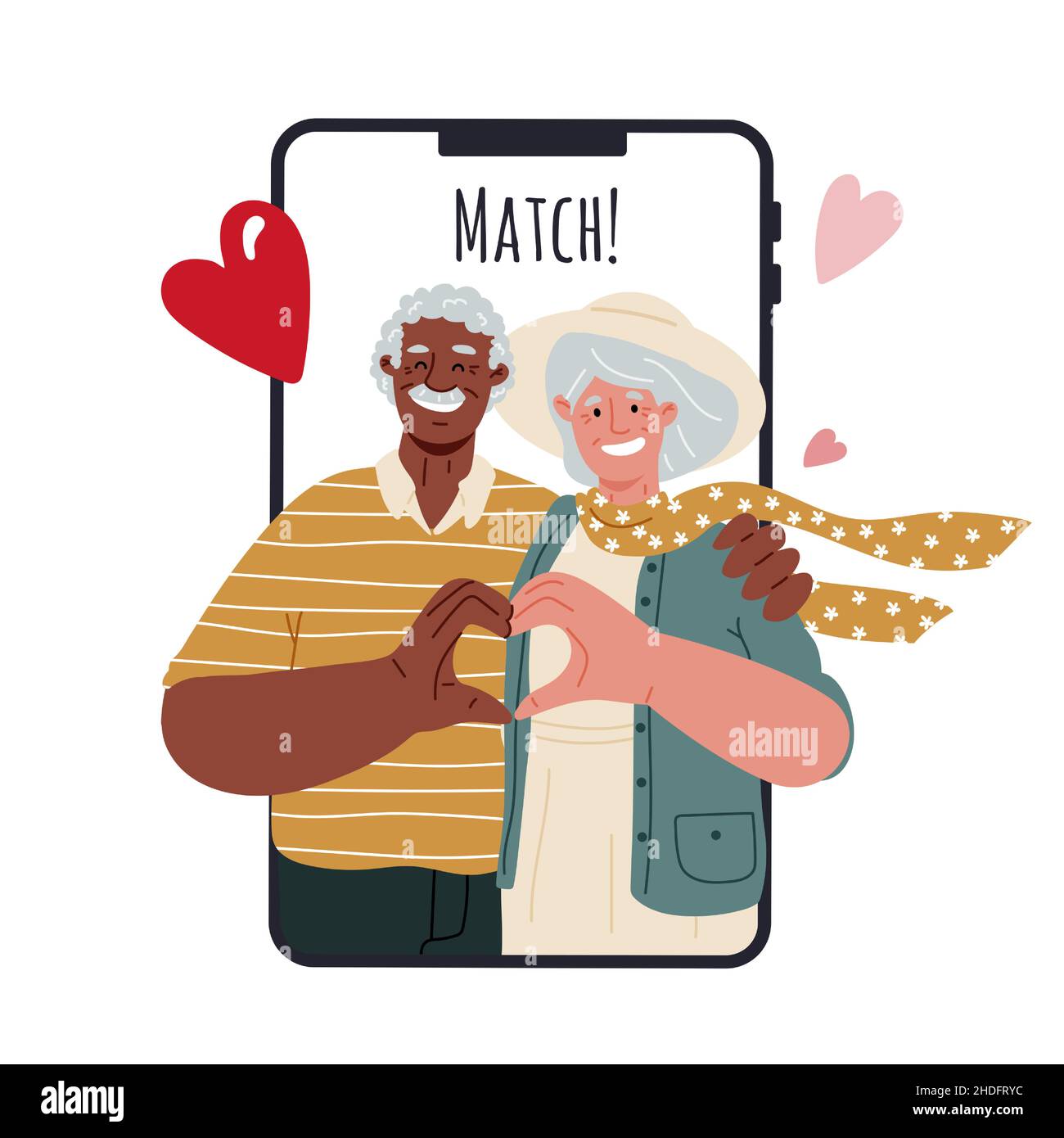 Incontri online per anziani,trovare soul mate con app.Valentines giorno mobile Illustrazione Vettoriale