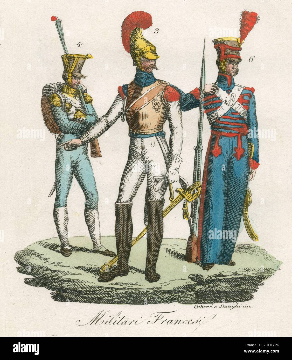 Incisione antica c1830 tinta a mano, abiti militari francesi. Pubblicato da Giulio Ferrario. FONTE: INCISIONE ORIGINALE Foto Stock