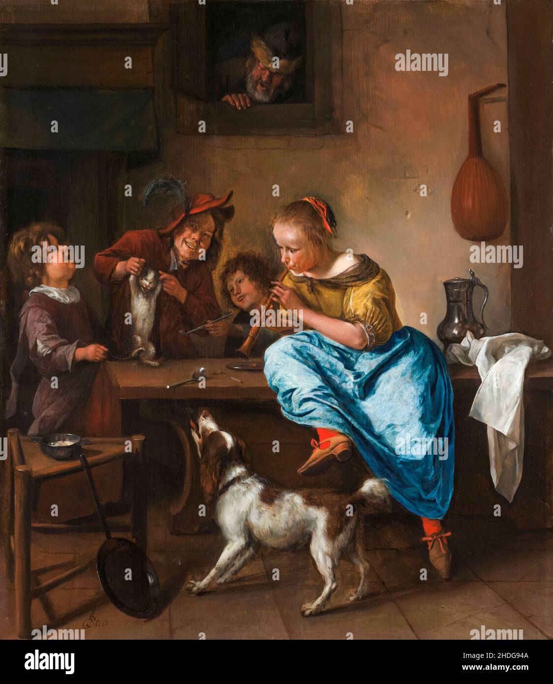 Bambini che insegnano un gatto a ballare (la lezione di ballo), pittura di Jan Steen, 1660-1679 Foto Stock