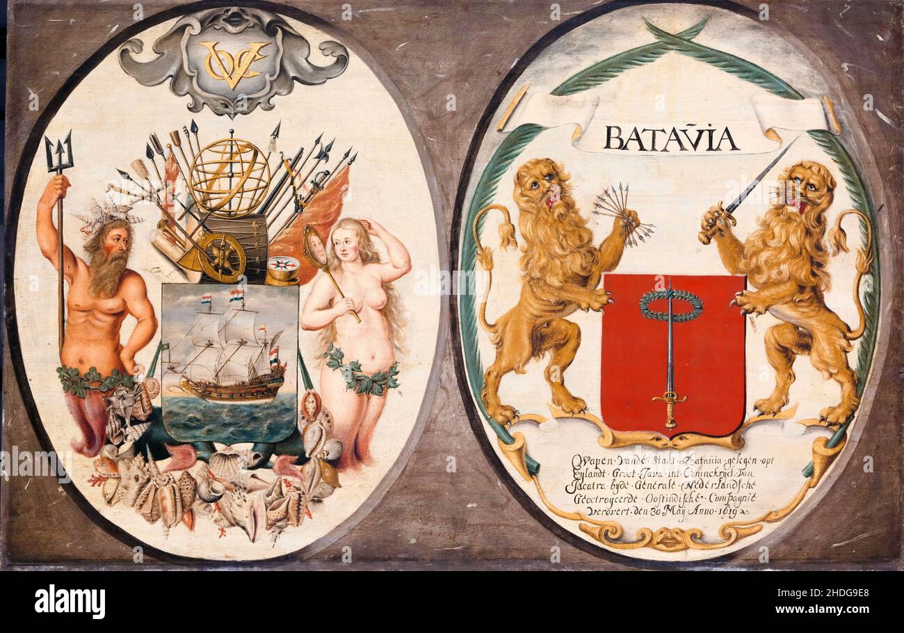 The Arms of the Dutch East India Company, and of the, Town of Batavia, dipinto da Jeronimus Becx (II), 1651 Foto Stock