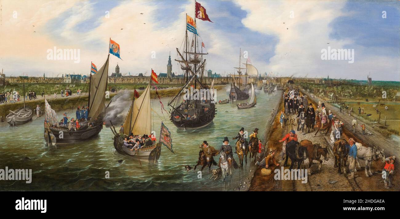 La partenza di un dignito da Middelburg (sulla nave da guerra olandese 'De Zeehondt'), dipinto da Adriaen van de Venne, 1615 Foto Stock