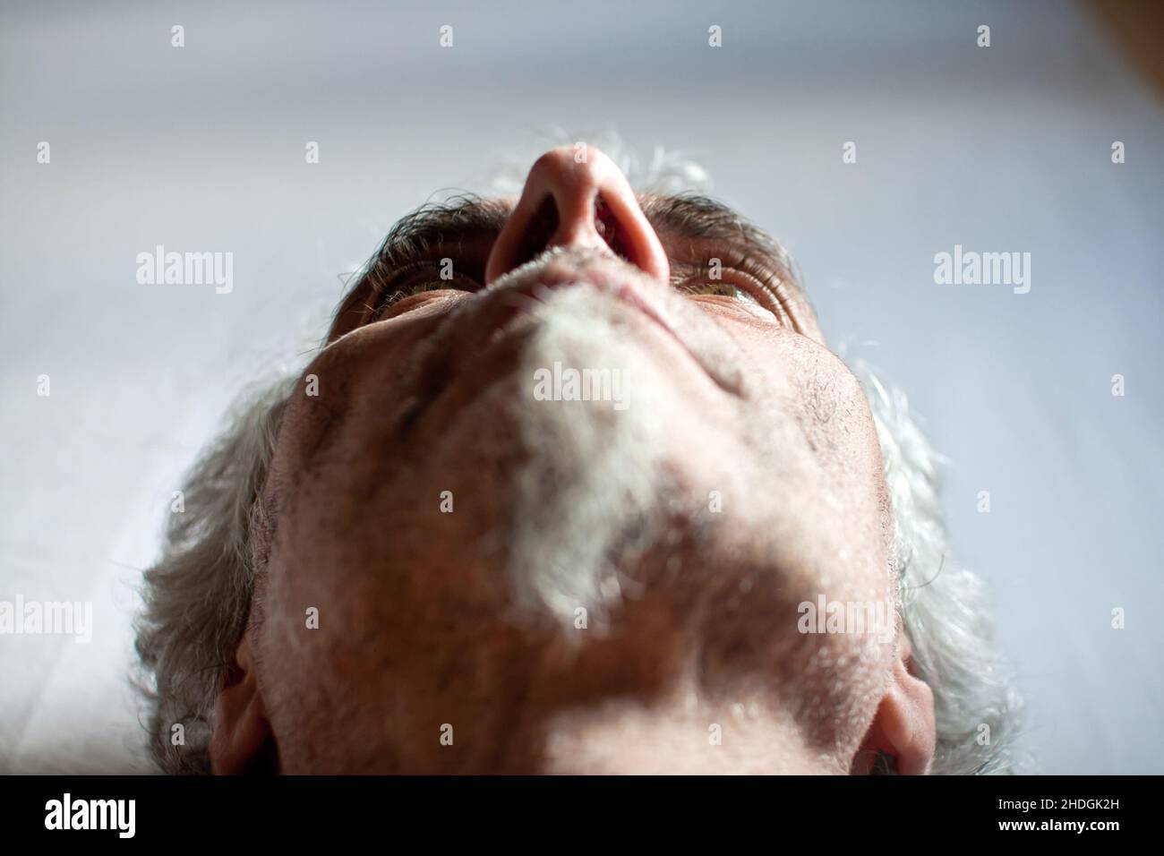 vista dall'occhio del verme, capelli grigi, scatto ad angolo basso, capelli grigi, capelli grigi Foto Stock