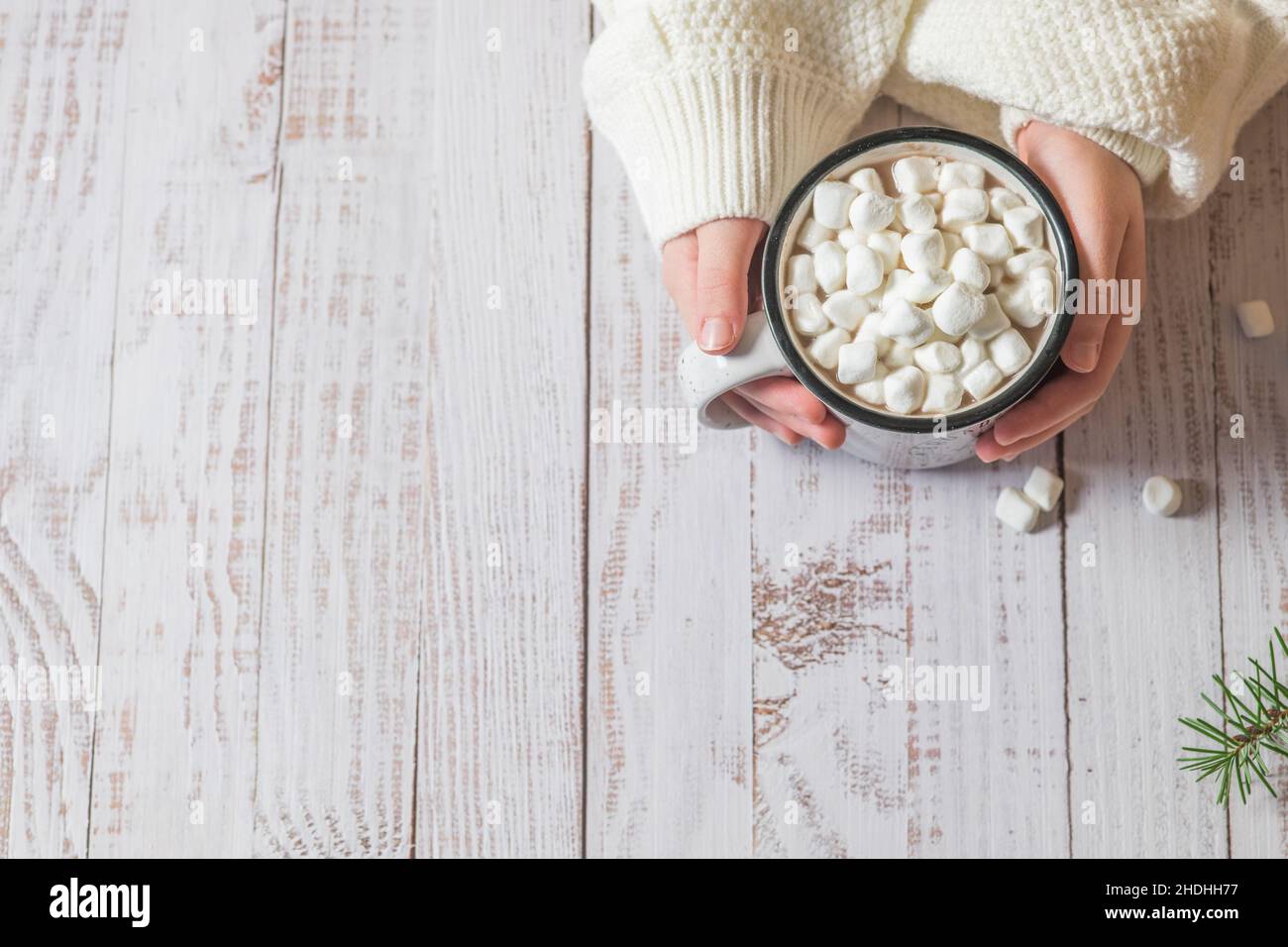 La ragazza tiene la tazza di cioccolata calda con marshmallows durante le feste di Natale Foto Stock