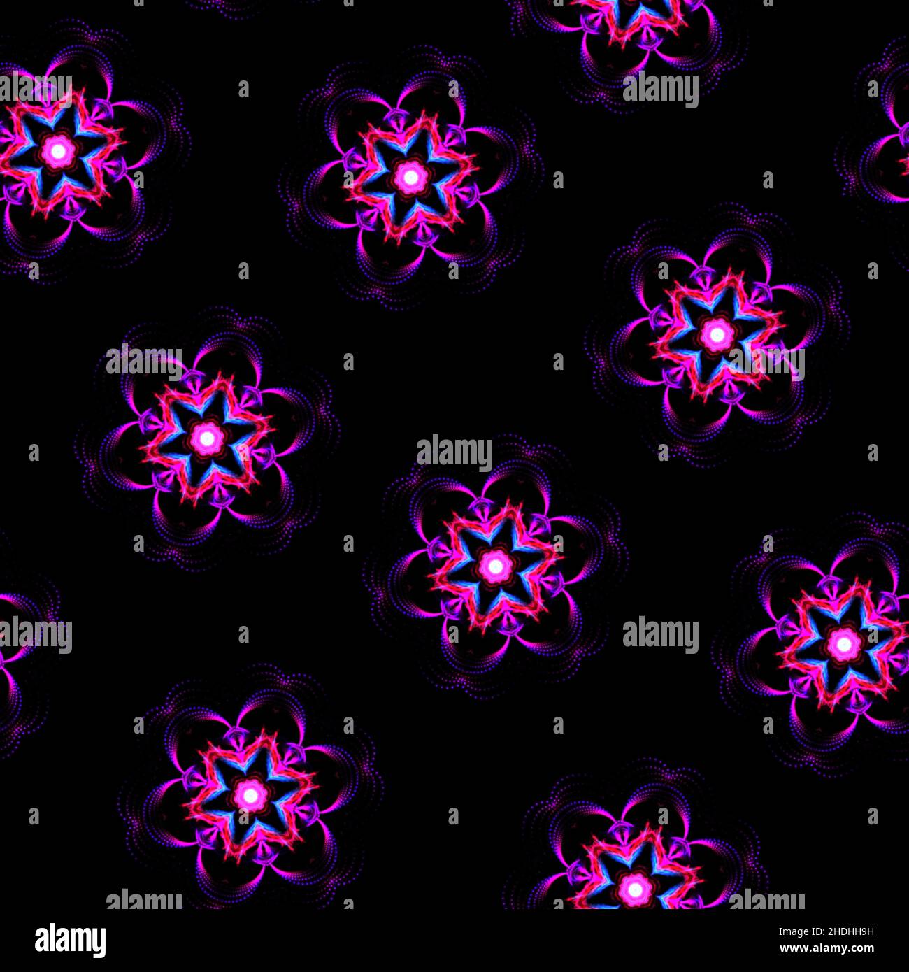 Illustrazione raster pattern senza giunture di mandala in luccicante brillante colore lilla su sfondo nero scuro. Illustrazione di alta qualità Foto Stock