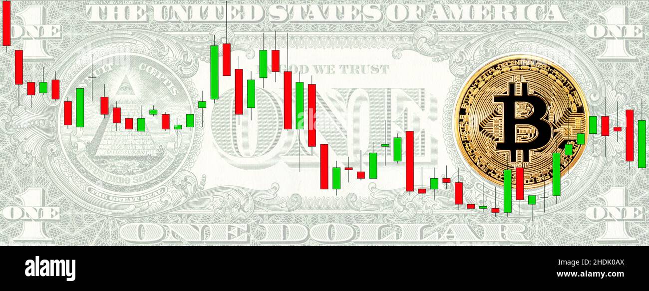Grafico grafico grafico tasso Bitcoin digitale sullo sfondo di una banconota da dollaro americano. Bitcoin tasso di valuta. Concetto aziendale Foto Stock