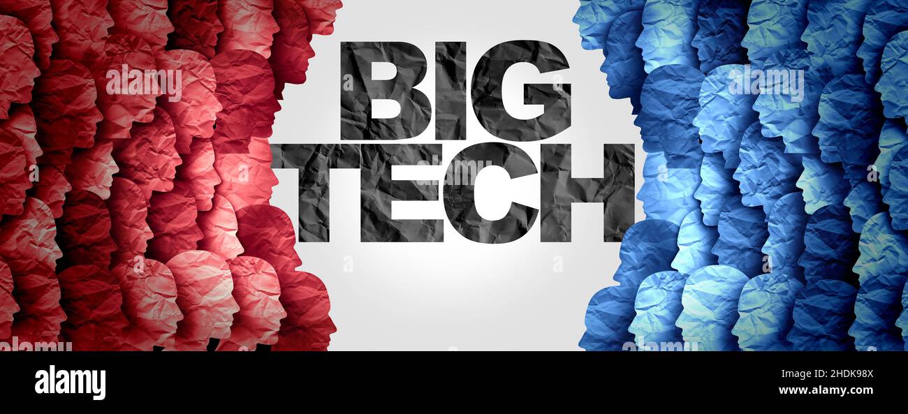 Big Tech ha diviso società e media censura concetto o divisione sociale e disaccordo politico o annullare la cultura in uno stile di illustrazione 3D. Foto Stock
