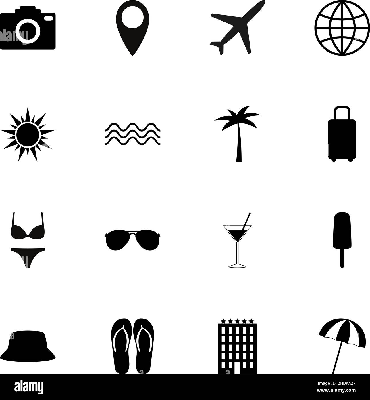 Set di icone di viaggio nere, illustrazione vettoriale Illustrazione Vettoriale