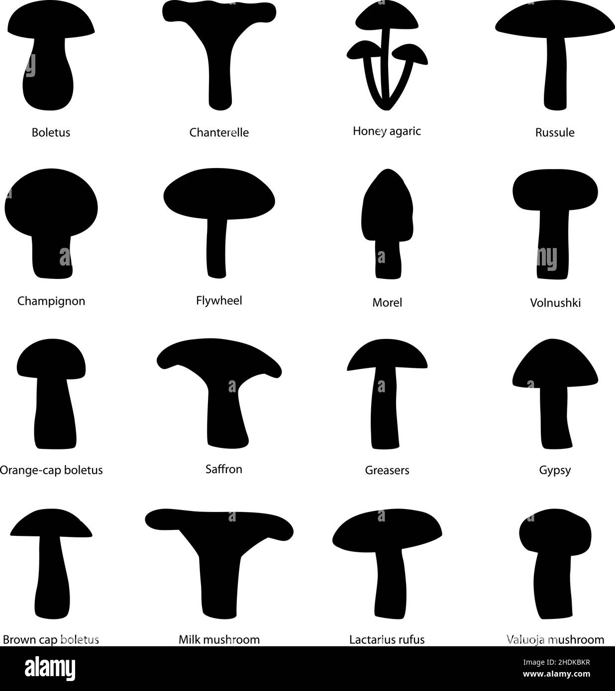 Set di sagome di funghi commestibili, illustrazione vettoriale Illustrazione Vettoriale