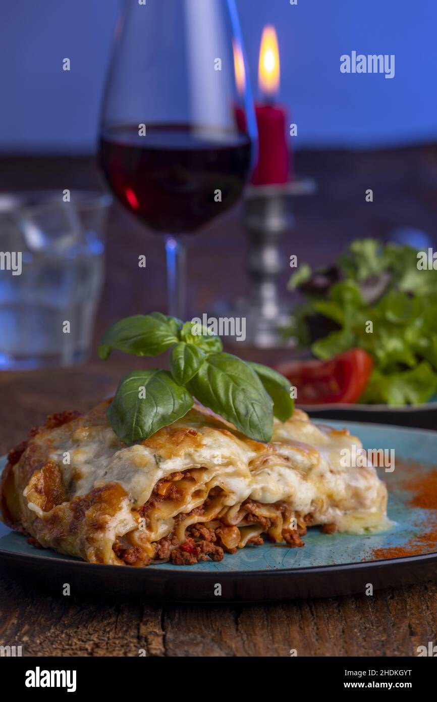 vino rosso, lume di candela, cena, lasagne, vini rossi, candlelight, cene, lasagnas Foto Stock