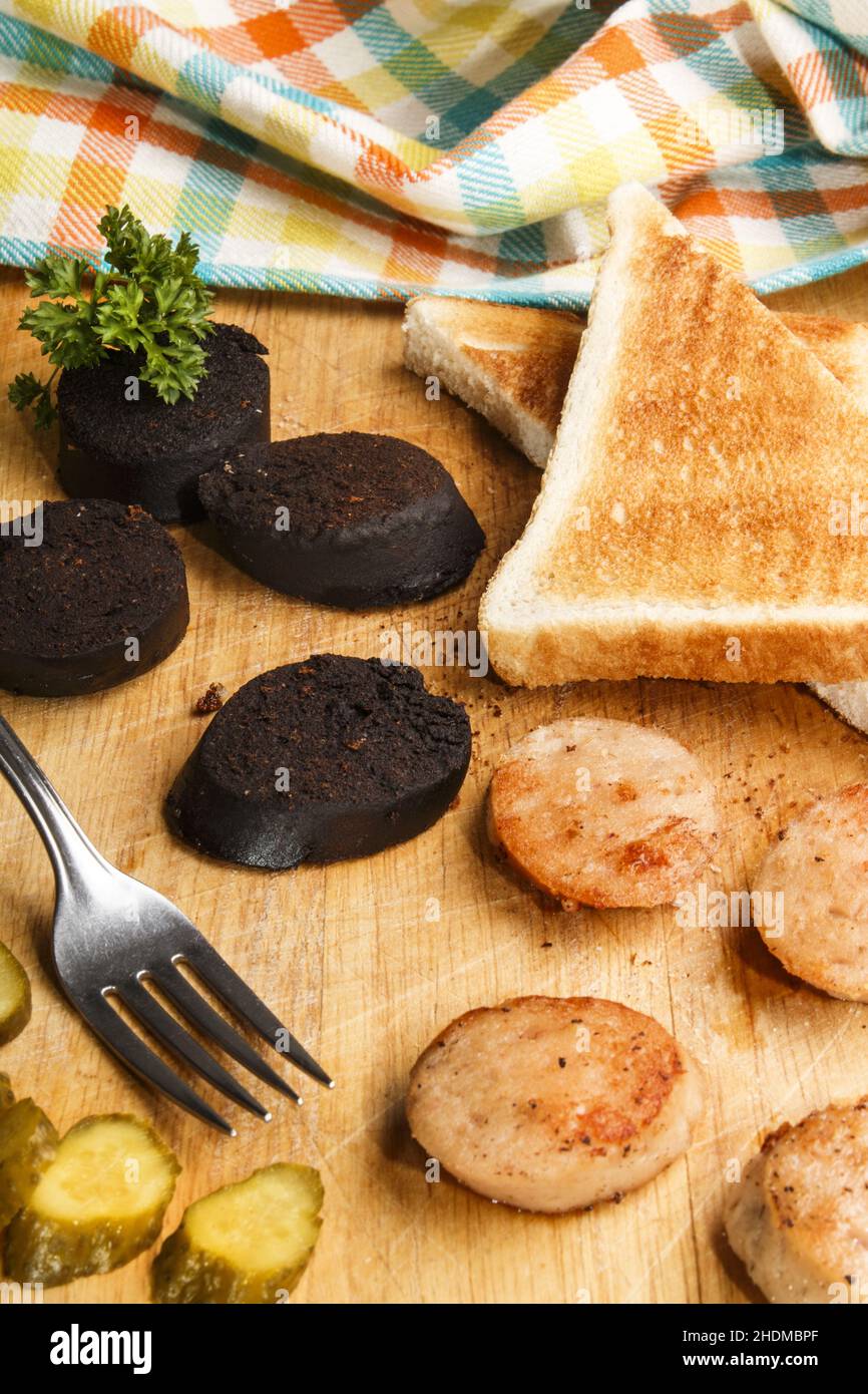 colazione inglese, budino nero, budino bianco, inglese, inglese, colazione inglese Foto Stock