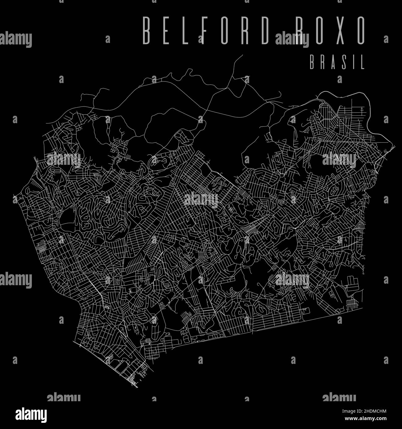 Poster della mappa vettoriale della città di Belford Roxo. Mappa stradale lineare piazza del comune del Brasile, area amministrativa comunale, linee bianche su sfondo nero, wit Illustrazione Vettoriale