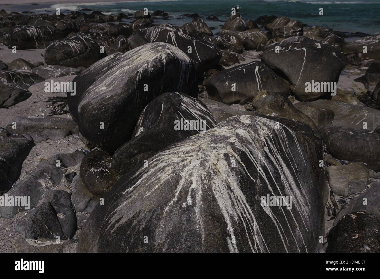 Il guano degli uccelli decora la costa occidentale del Sud Africa. La bellezza e il carattere della costa isolata sono espressi dal suo terreno accidentato e accidentato Foto Stock