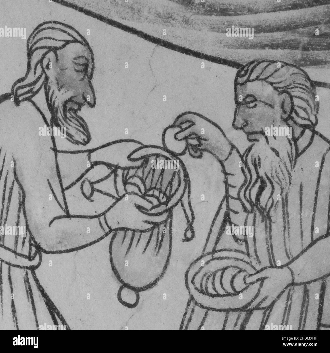 L'affare di Judas. Trenta pezzi d'argento donati a Giuda Iscariota da un sacerdote ebreo. Un affresco gotico medievale nella chiesa di Bronnestad, Svezia, maggio 1 Foto Stock