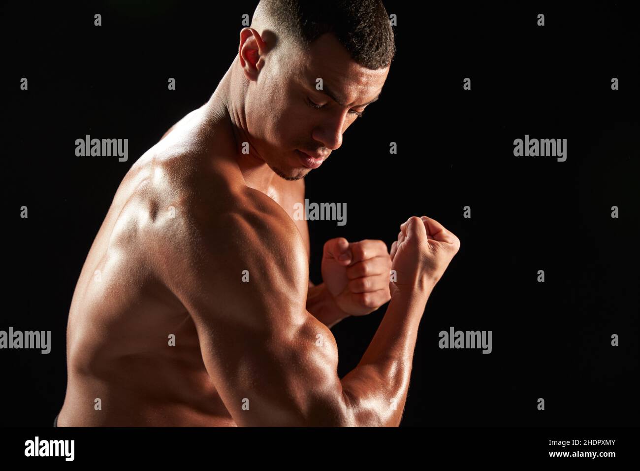 posa, bicep, bodybuilder, pose, bicipite, allestitori, carrozzeria Foto Stock