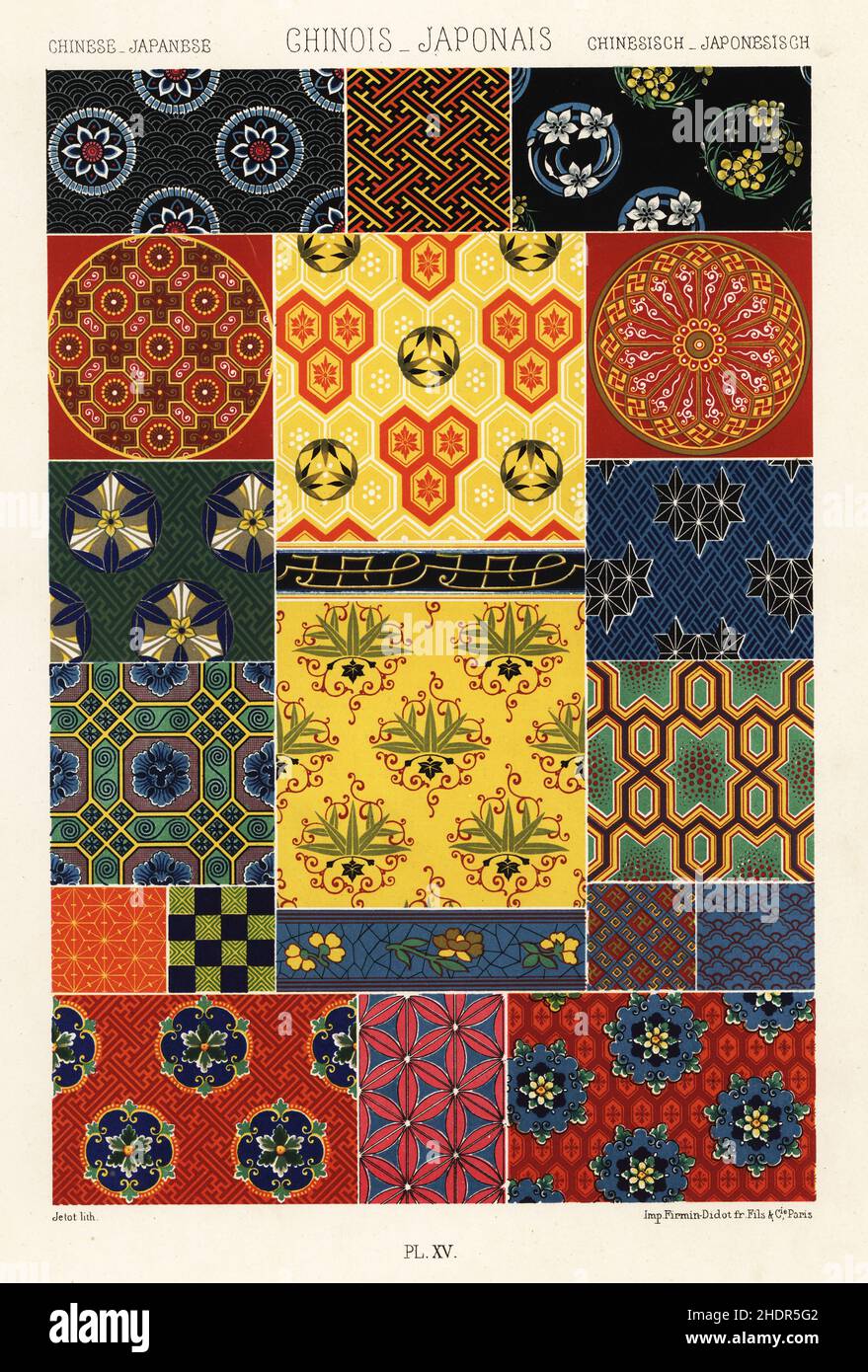 Arte cinese e giapponese: Ornamento running. Chinois et Japonais. Cromolithografia a mano di Jetot del Polychrome l’Ornement di Albert-Charles-Auguste Racinet, Firmin-Didot, Parigi, 1869-73. Foto Stock