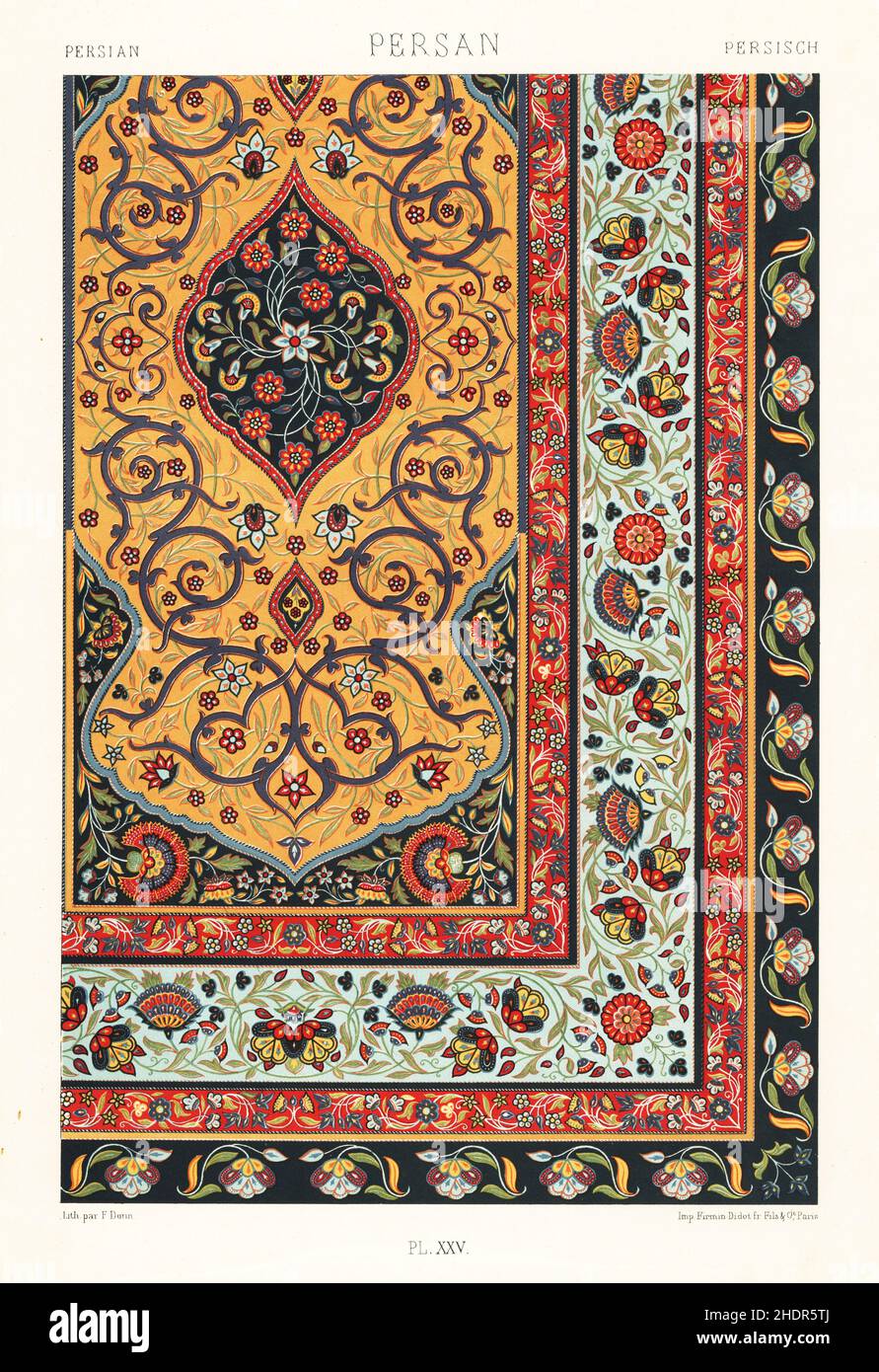 Arte persiana: Tappeto ricamato. Tappeto con arabeschi e fiori che mostrano l'influenza dell'arte indiana Persan. Cromolithografia a mano di F. Durin dal policromo l’Ornement di Albert-Charles-Auguste Racinet, Firmin-Didot, Parigi, 1869-73. Foto Stock