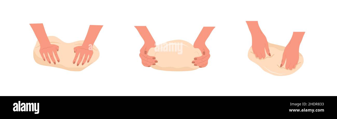 Impastare le mani dell'impasto. La donna prepara la cottura fatta in casa o la pasta. Vista dall'alto. Scuola di cucina. Rimani a casa e cuoci cibi sani secondo la ricetta. Vettore Illustrazione Vettoriale