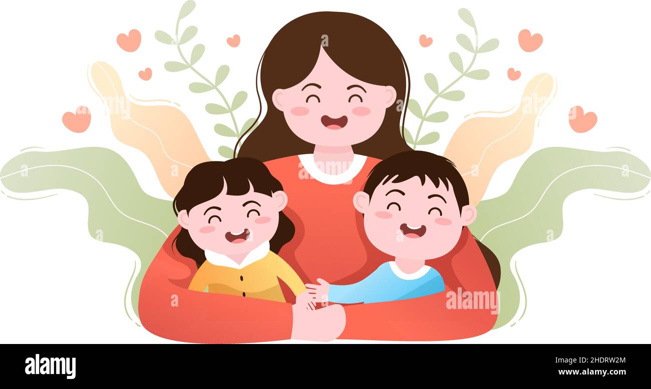 Parenting di Madre, Padre e Bambini abbracciarsi l'un l'altro nella famiglia amorevole. Carino Cartoon sfondo Vector Illustrazione per Banner o Psicologia Illustrazione Vettoriale