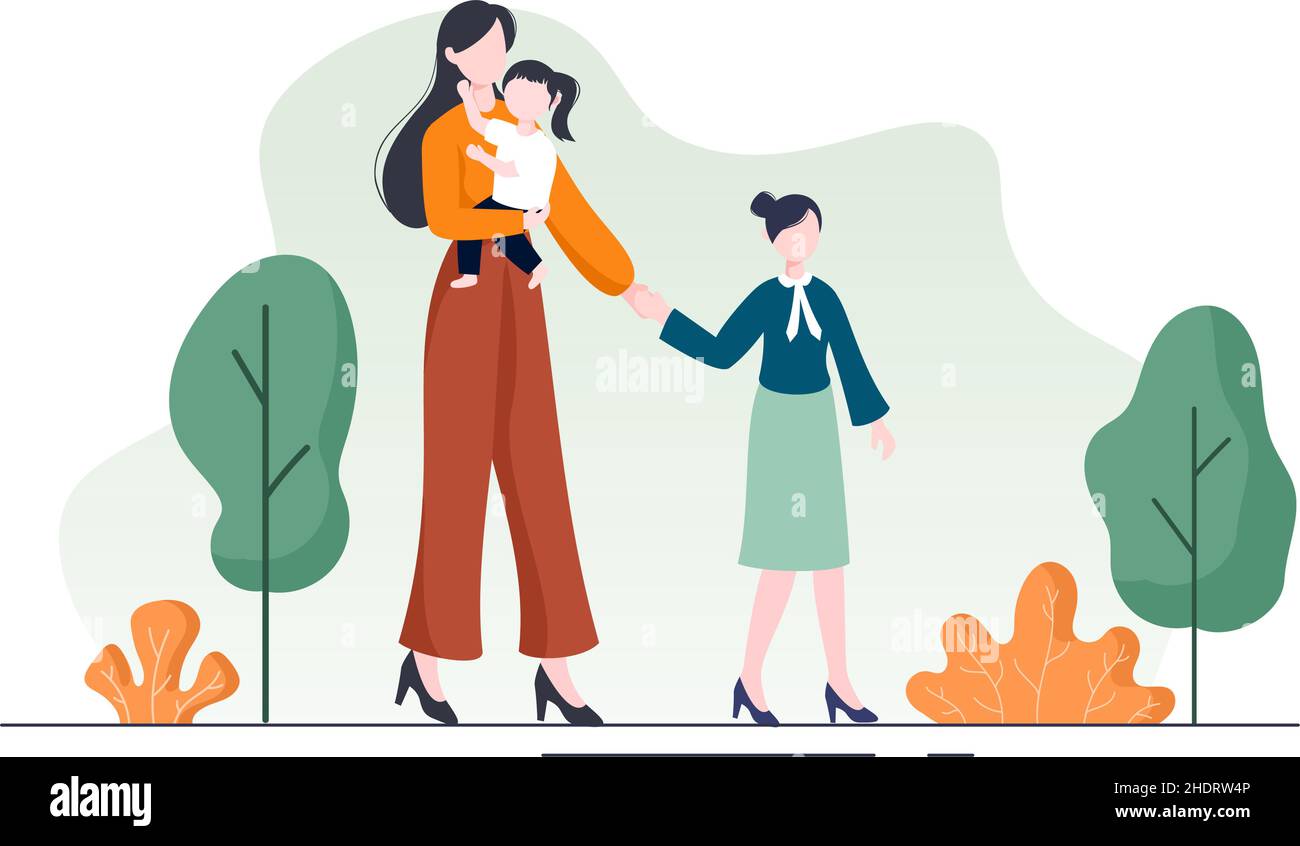 Parenting di Madre, Padre e Bambini abbracciarsi l'un l'altro nella famiglia amorevole. Carino Cartoon sfondo Vector Illustrazione per Banner o Psicologia Illustrazione Vettoriale