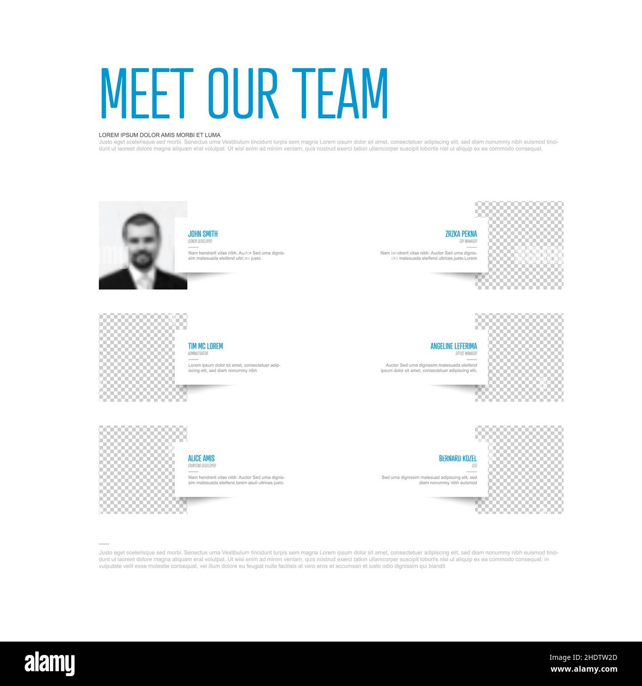 Modello di presentazione del team aziendale con segnaposto per le foto del profilo del team e testo di esempio su ciascun membro del team: Versione leggera e accento blu Illustrazione Vettoriale