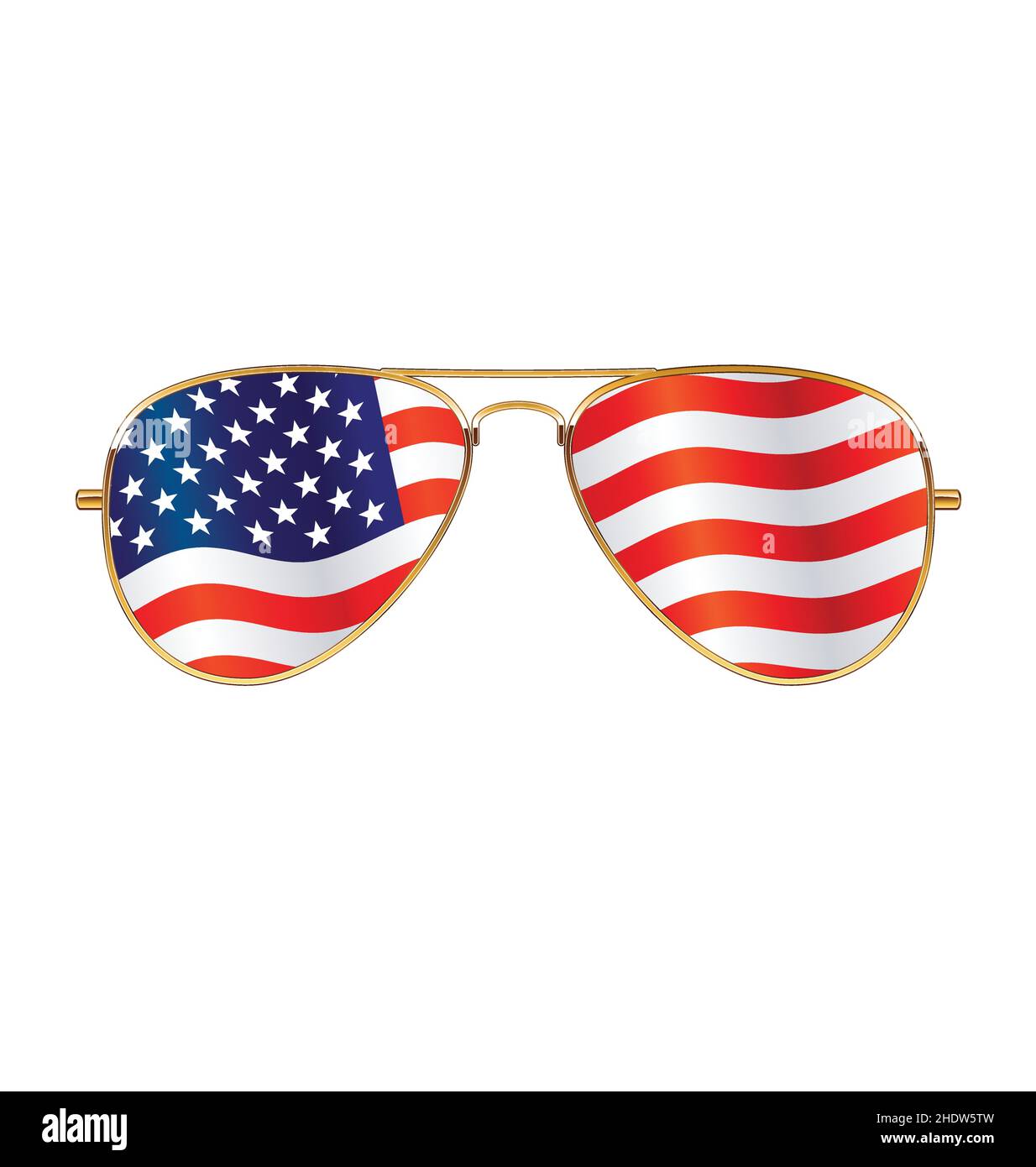 Cool oro cornice Aviator Occhiali da sole con bandiera USA in lenti isolate su sfondo bianco vettore Illustrazione Vettoriale