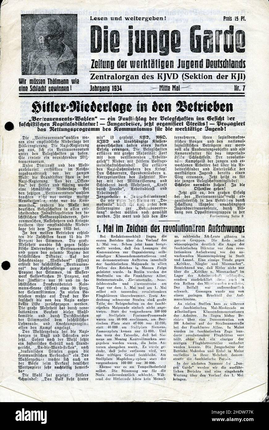 Giornale illegale 'De junge Garde (Guardia giovane)' N7, Comitato Centrale del Komsomol di Germania. 1934. Foto Stock