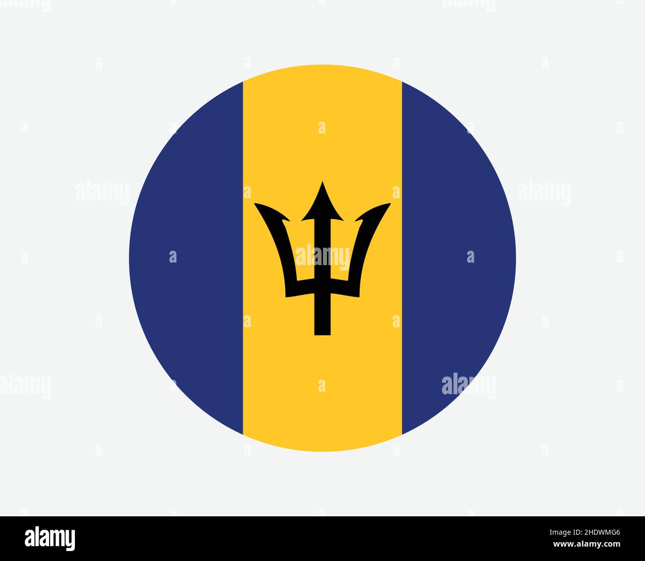Barbados Round Country Flag. Bandiera nazionale barbadiana circolare. Bajan cerchio forma pulsante Banner. Illustrazione del vettore EPS. Illustrazione Vettoriale
