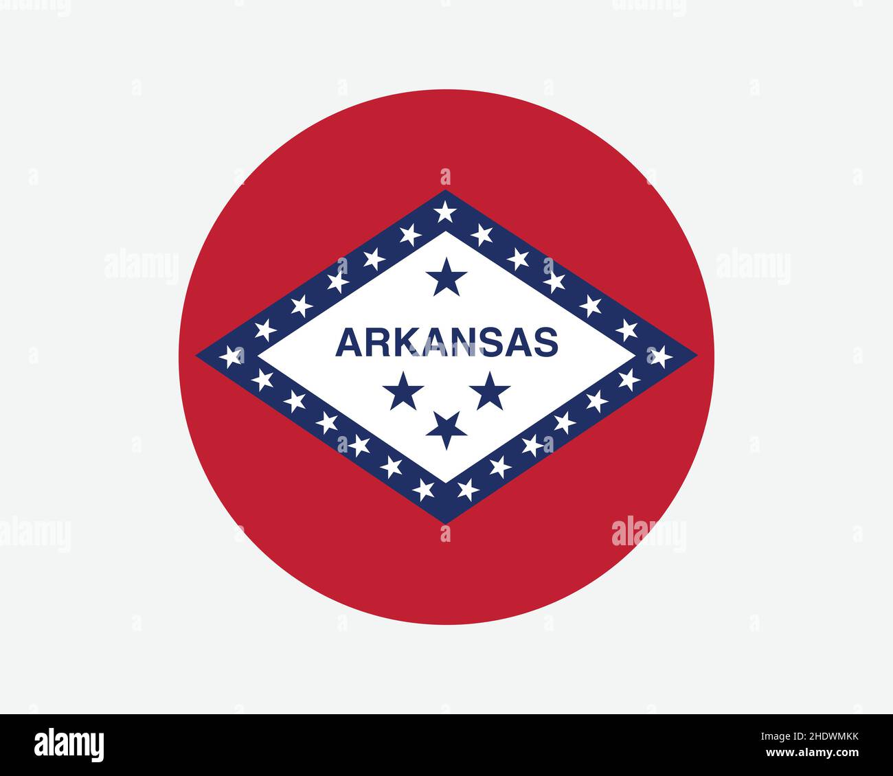 Arkansas, Stati Uniti, bandiera dello stato. AR, US Circle Flag. Stato dell'Arkansas, Stati Uniti d'America - banner a forma circolare. Illustrazione del vettore EPS. Illustrazione Vettoriale