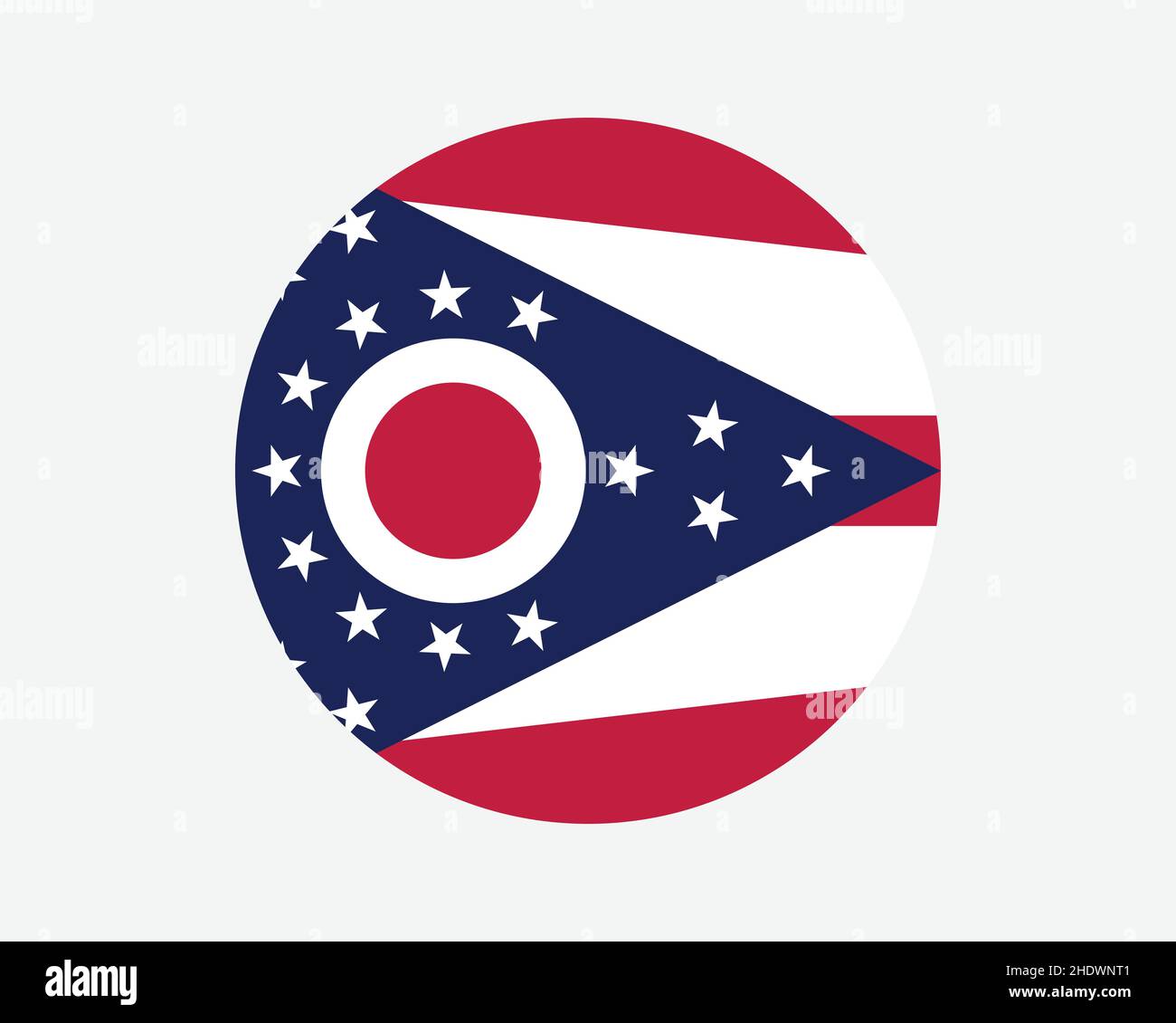 Bandiera dello Stato dell'Ohio, Stati Uniti. OH, bandiera del cerchio degli Stati Uniti. Stato dell'Ohio, Stati Uniti d'America - Banner pulsante a forma circolare. Illustrazione del vettore EPS. Illustrazione Vettoriale