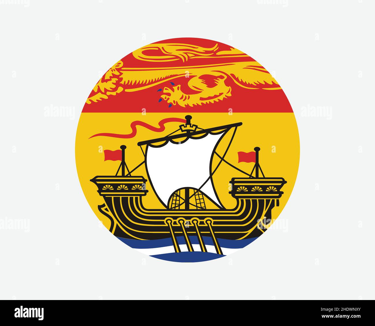 New Brunswick Canada Round Flag. NB, bandiera canadese del cerchio. New Brunswick Canada Provincia forma circolare pulsante Banner. Illustrazione del vettore EPS. Illustrazione Vettoriale
