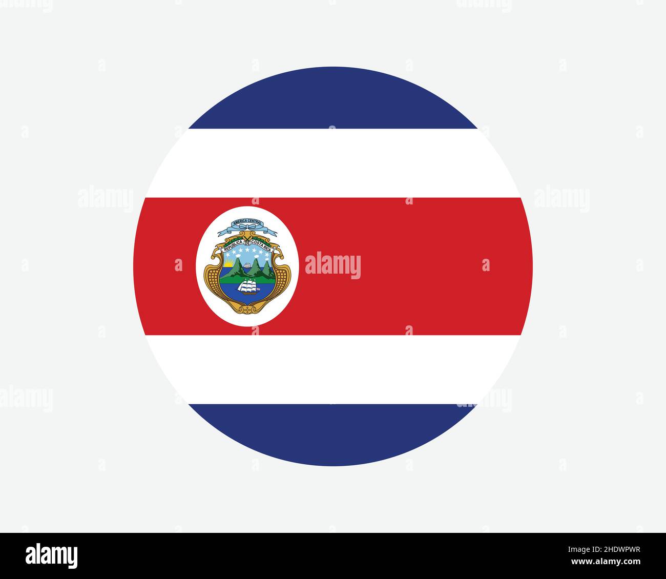 Costa Rica Round Country Flag. Bandiera nazionale circolare del Costa Rica. Repubblica di Costa Rica cerchio forma pulsante Banner. Illustrazione del vettore EPS. Illustrazione Vettoriale